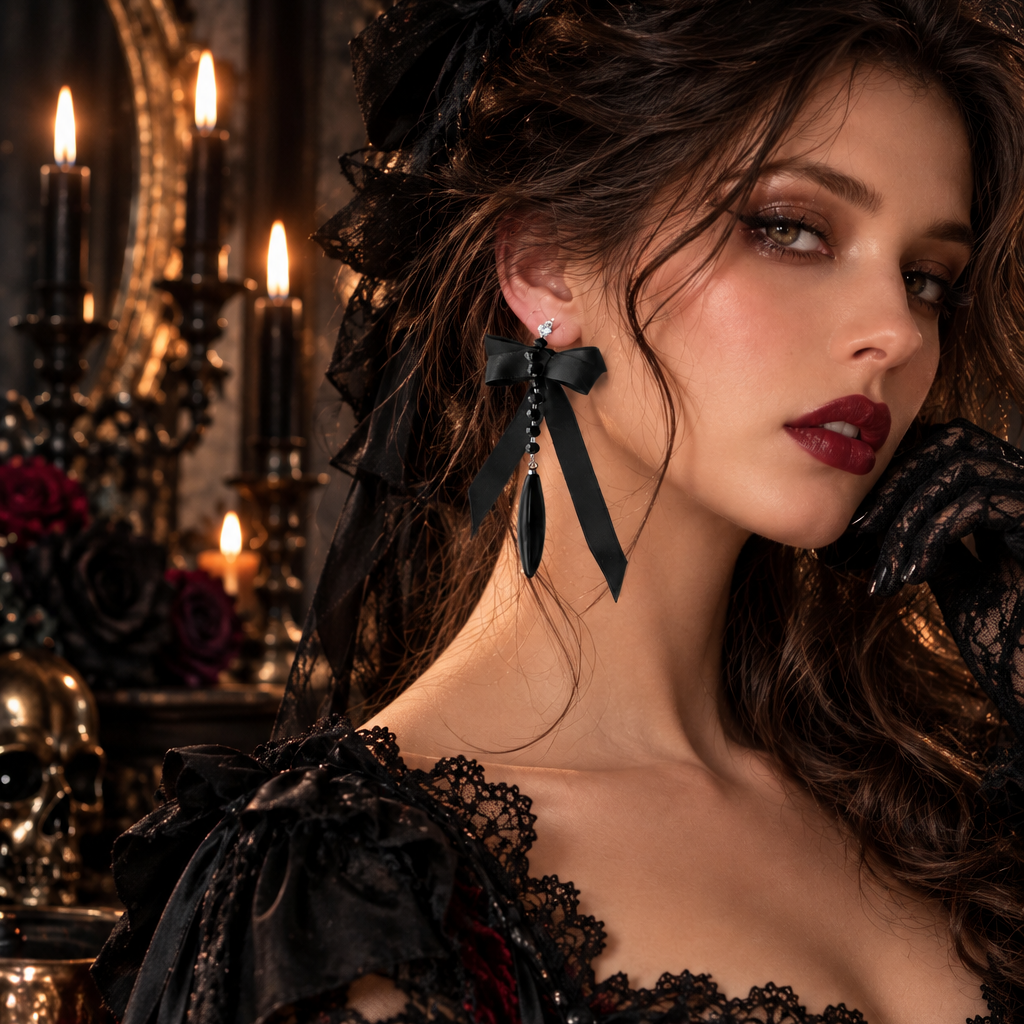 Clips d’oreilles sans perçage Halloween – nœud noir gothique
