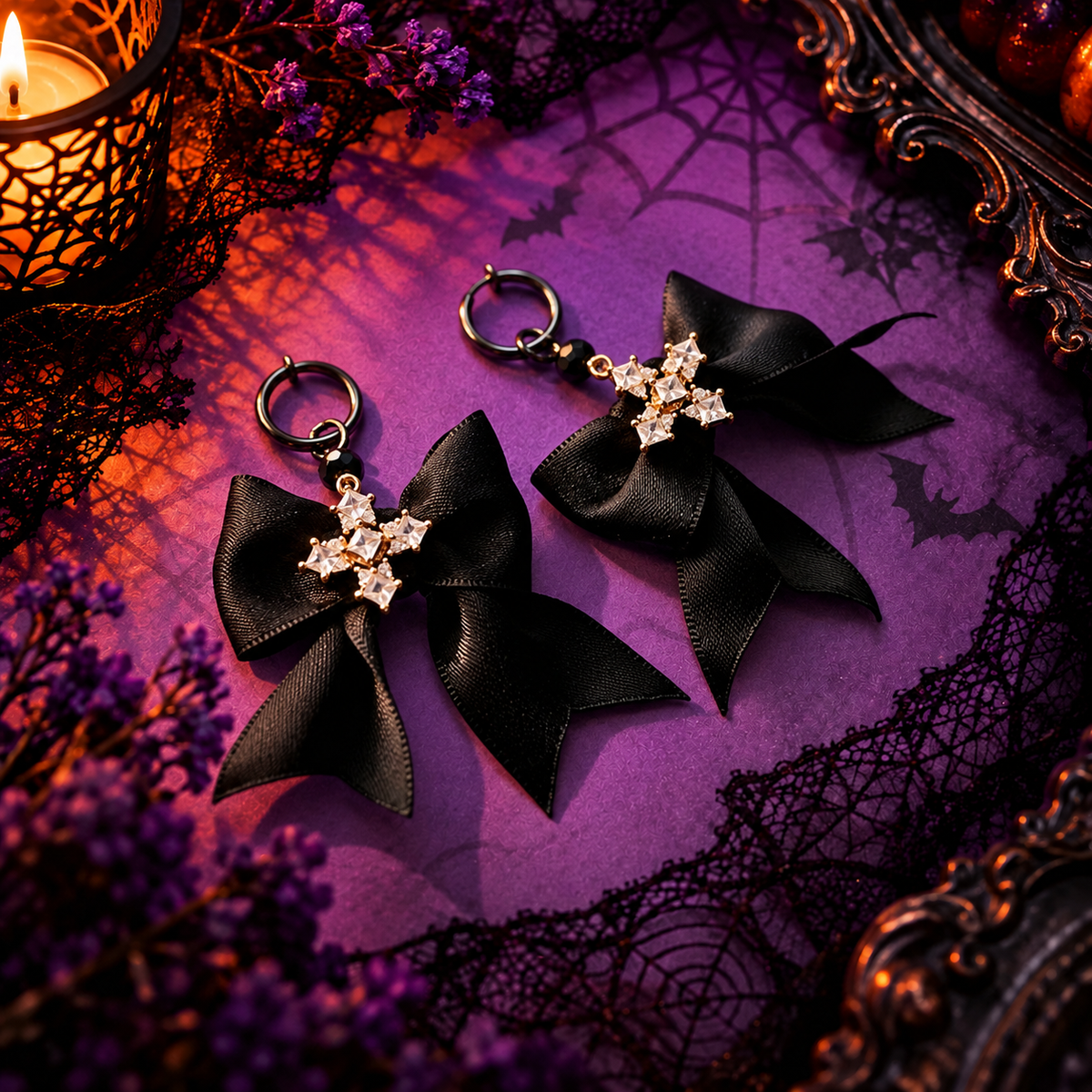 Clips créoles sans perçage Halloween – nœud noir gothique & strass