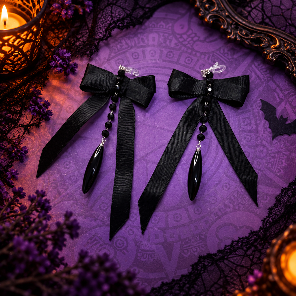 Clips d’oreilles sans perçage Halloween – nœud noir gothique
