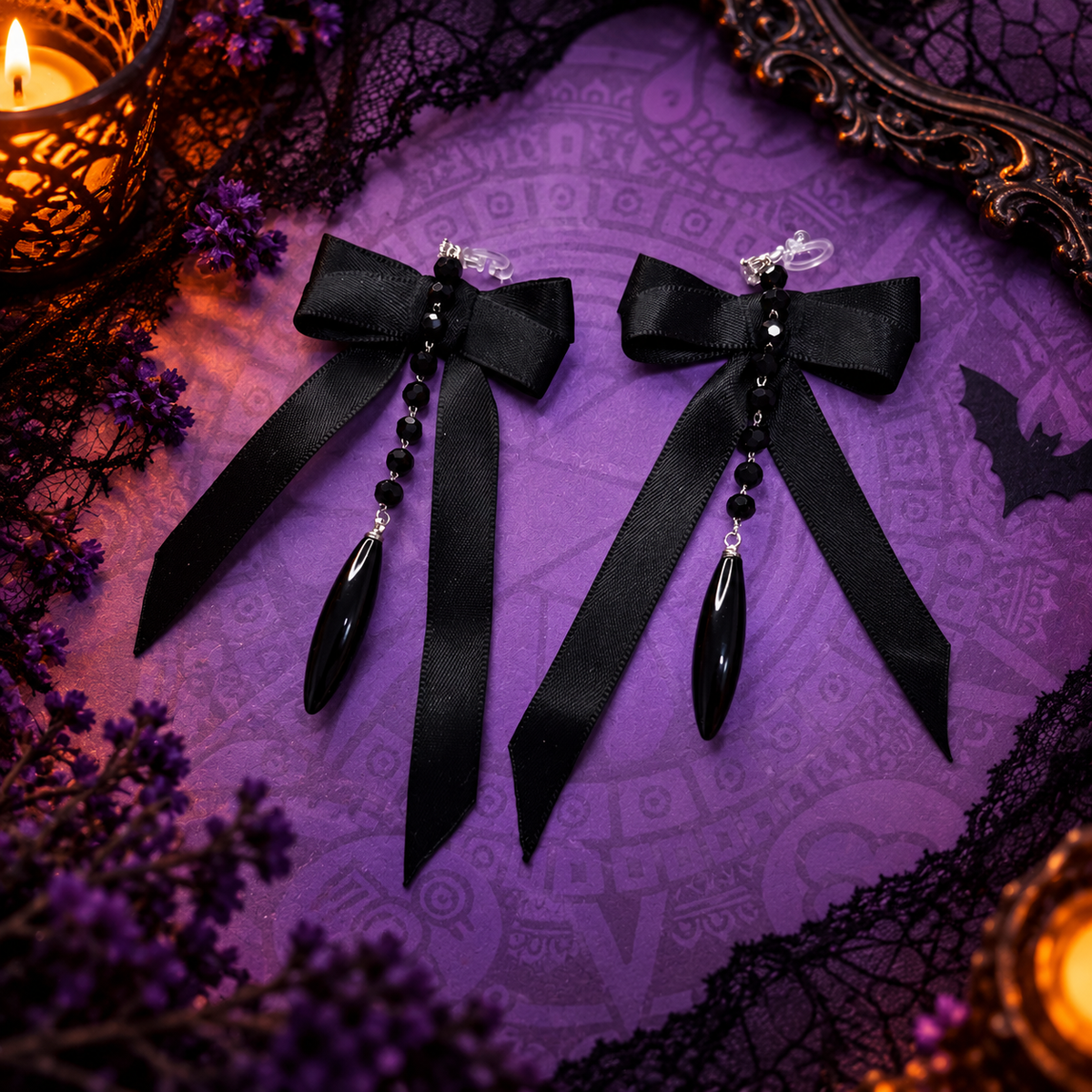 Clips d’oreilles sans perçage Halloween – nœud noir gothique