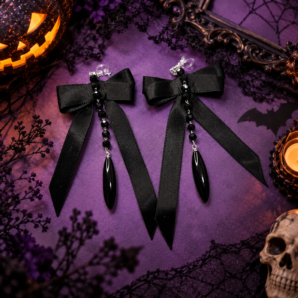 Clips d’oreilles sans perçage Halloween – nœud noir gothique