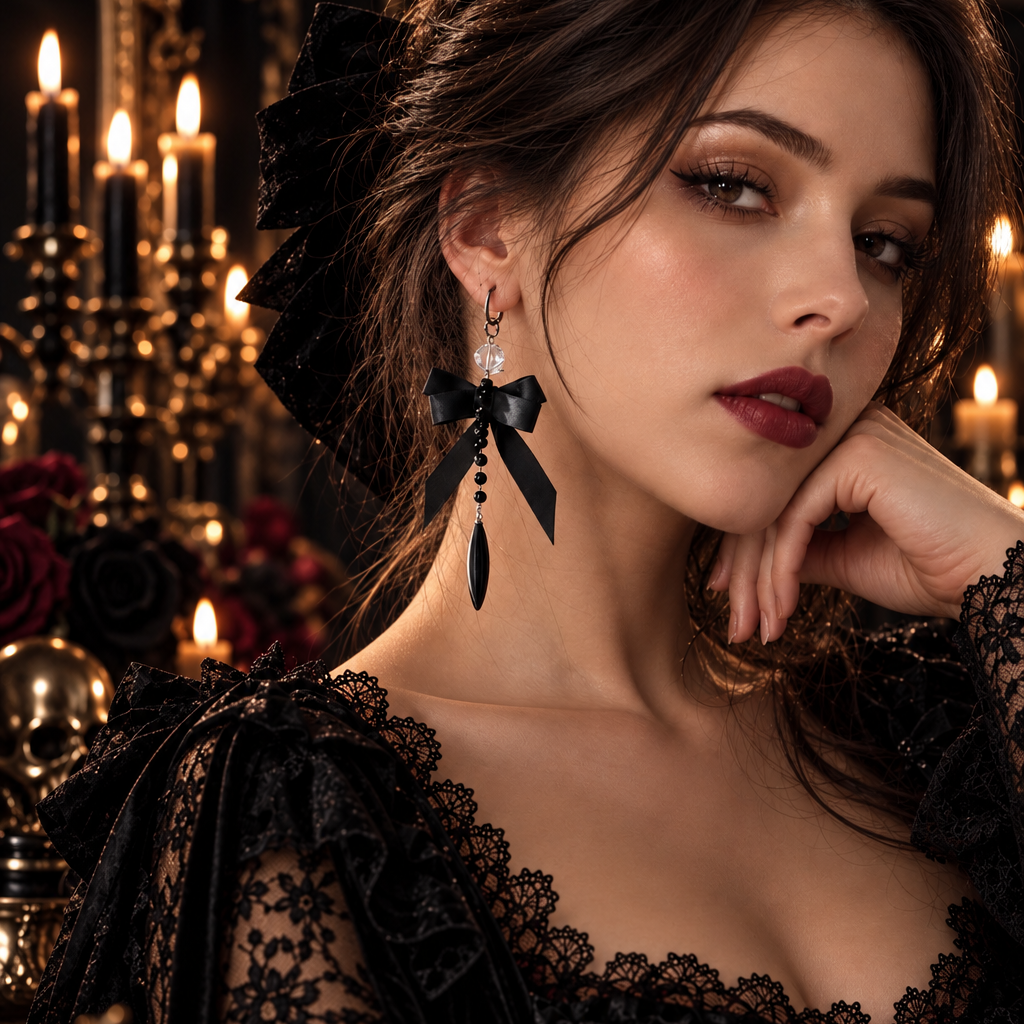 Clips d’oreilles sans perçage Halloween 2 en 1 – nœud noir gothique