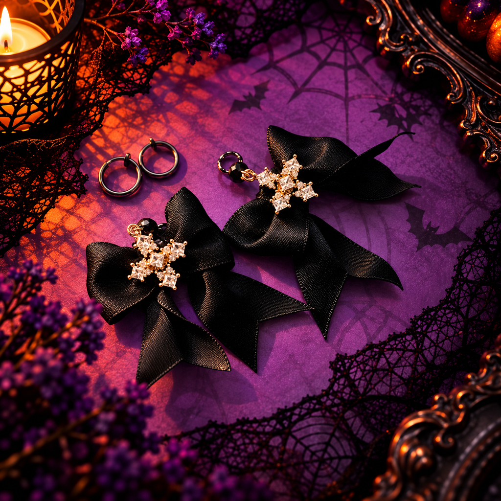 Clips créoles sans perçage Halloween – nœud noir gothique & strass