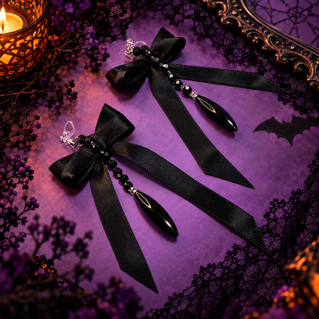 Clips d’oreilles sans perçage Halloween – nœud noir gothique