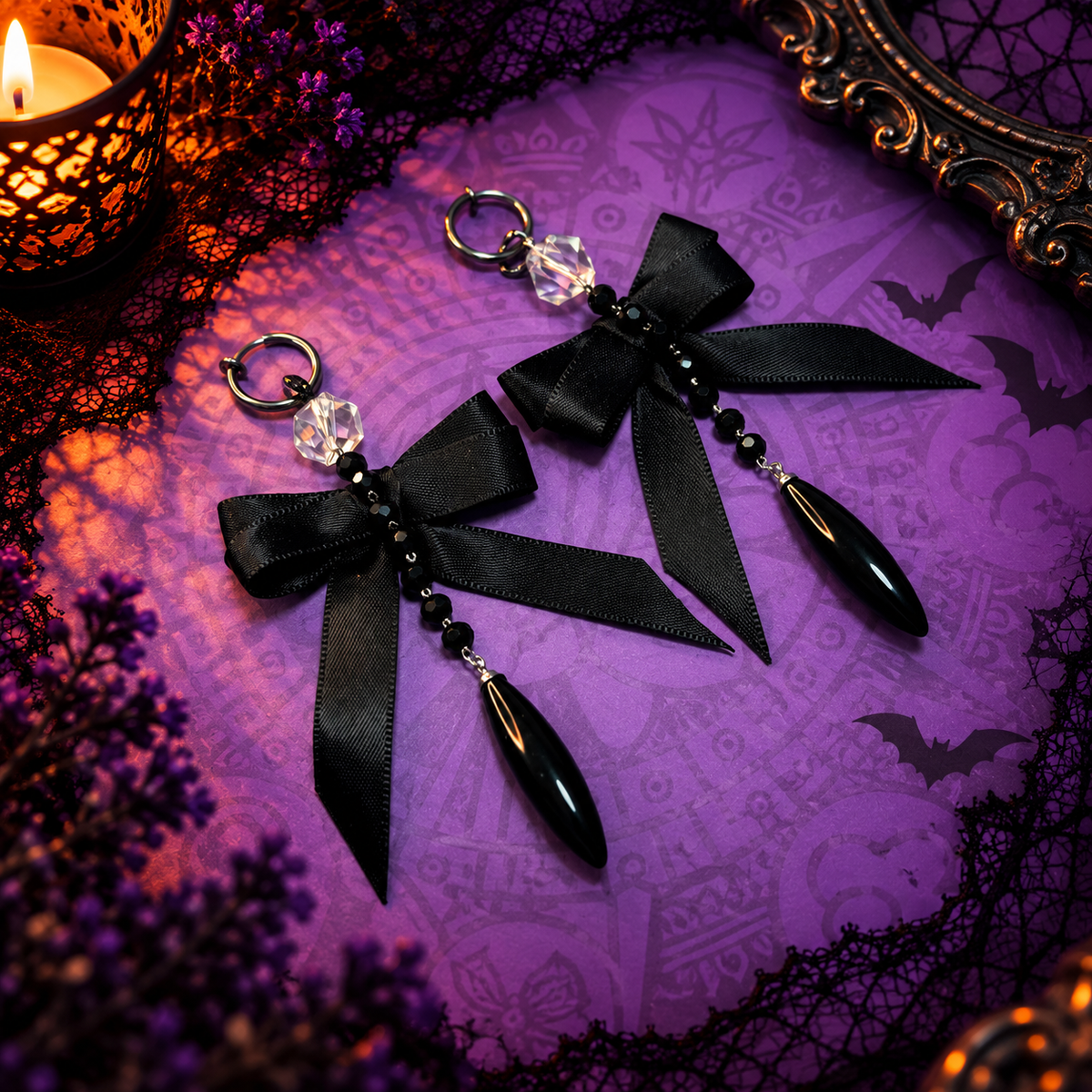 Clips d’oreilles sans perçage Halloween 2 en 1 – nœud noir gothique