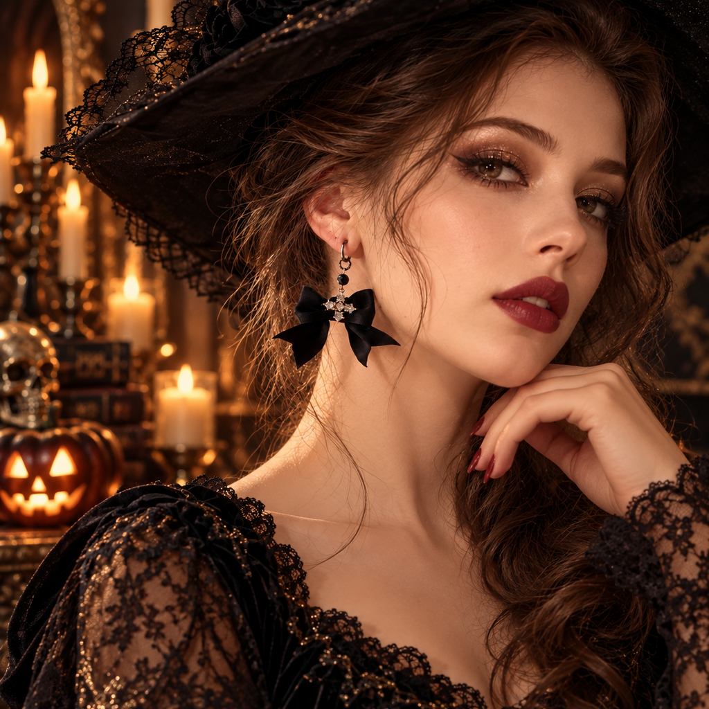 Clips créoles sans perçage Halloween – nœud noir gothique & strass