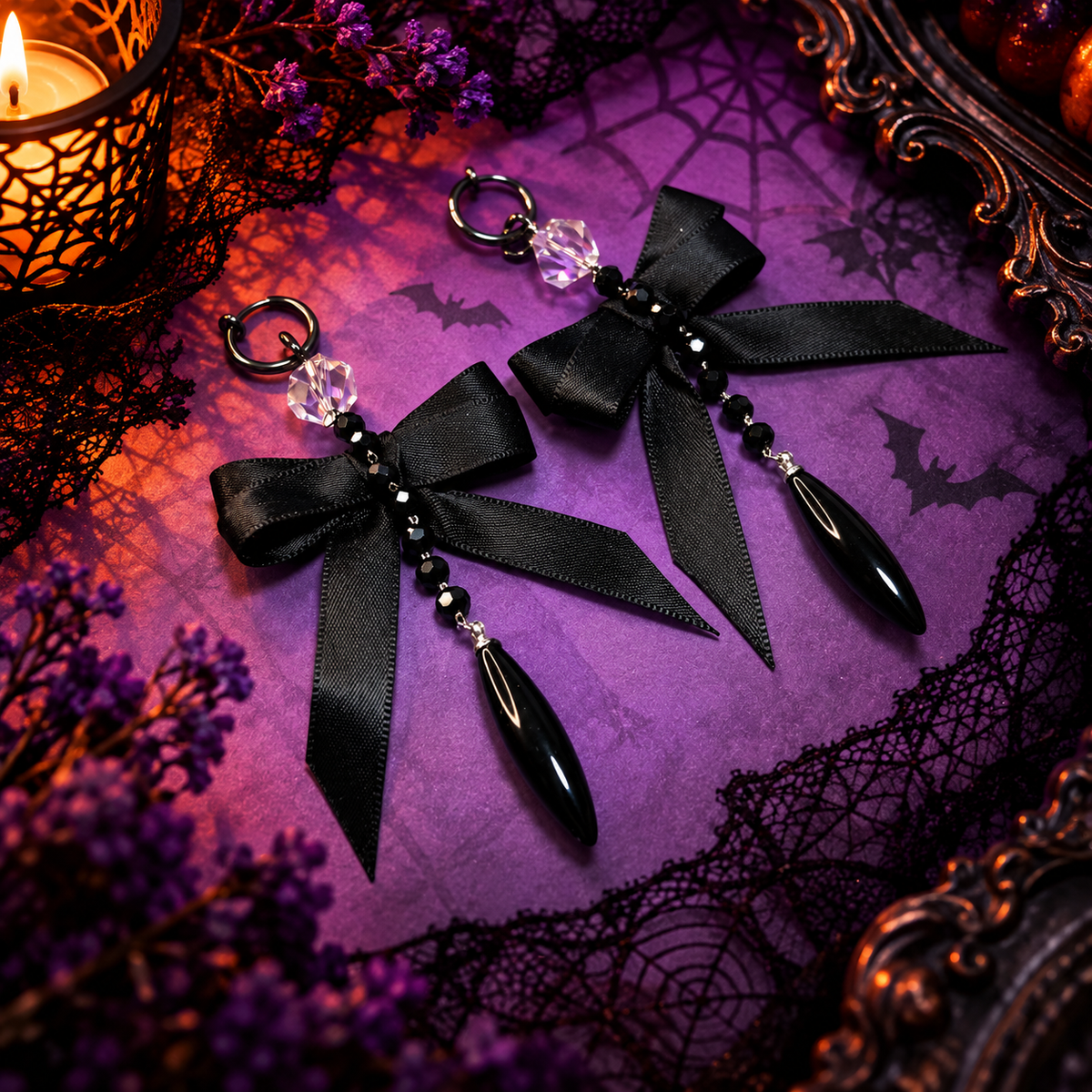 Clips d’oreilles sans perçage Halloween 2 en 1 – nœud noir gothique