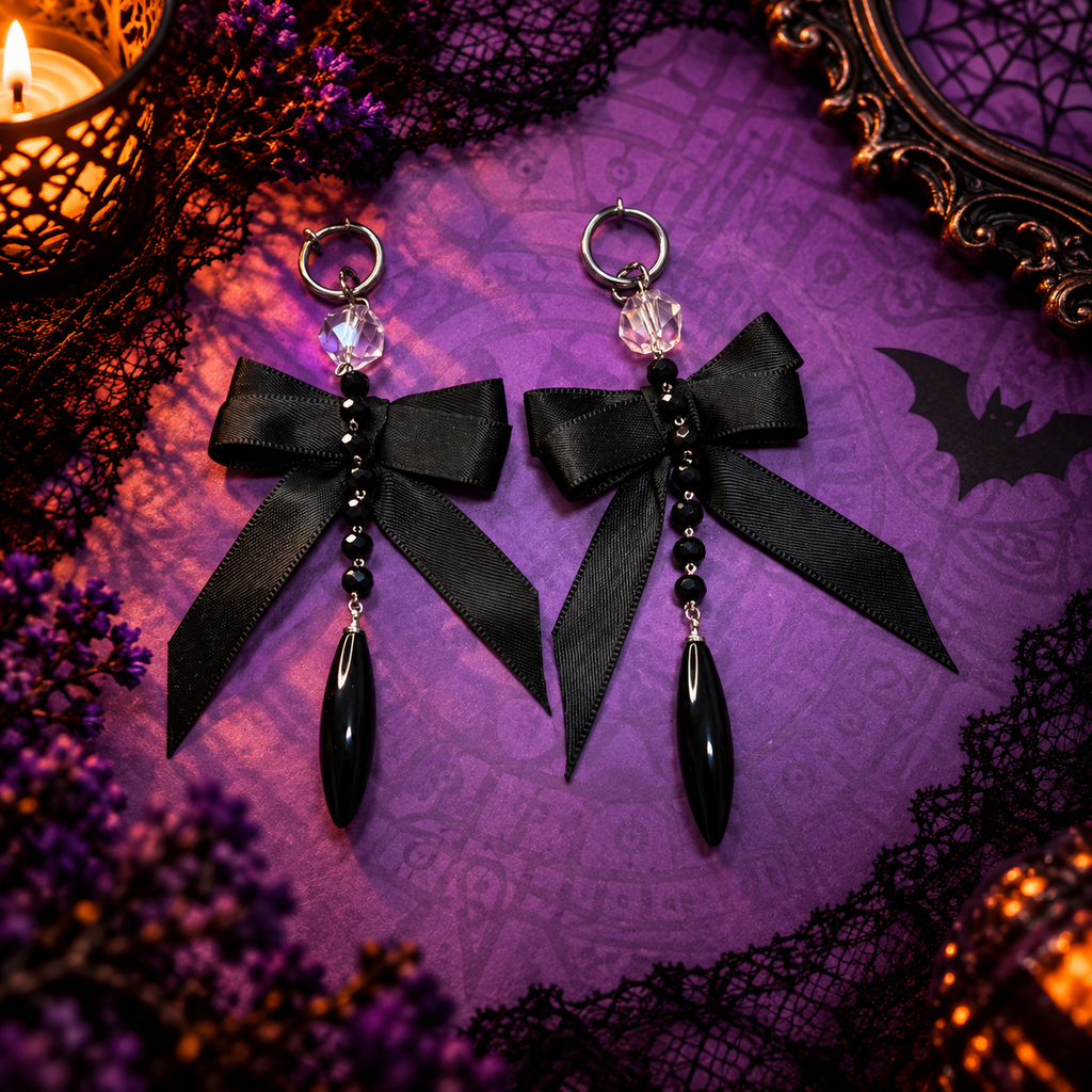 Clips d’oreilles sans perçage Halloween 2 en 1 – nœud noir gothique