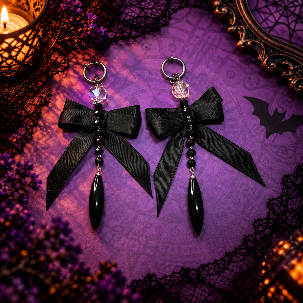 Clips d’oreilles sans perçage Halloween 2 en 1 – nœud noir gothique