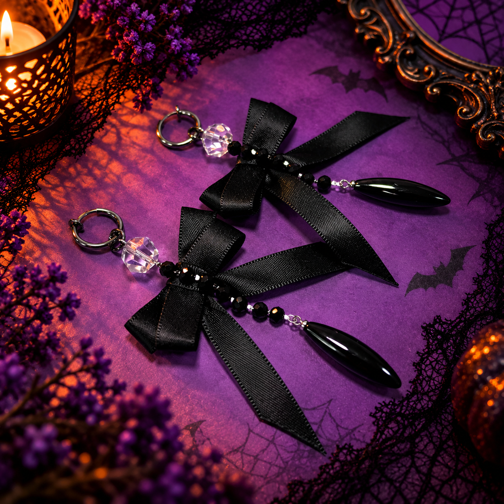 Clips d’oreilles sans perçage Halloween 2 en 1 – nœud noir gothique