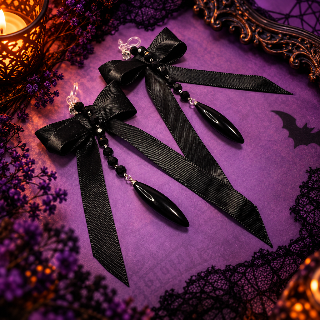 Clips d’oreilles sans perçage Halloween – nœud noir gothique