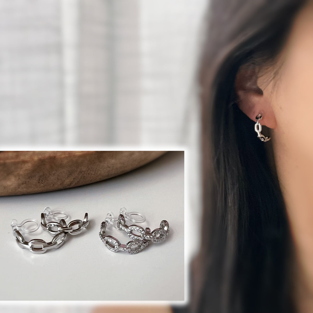 Clips d’oreilles forme C chaîne lisse / Chaîne zircon