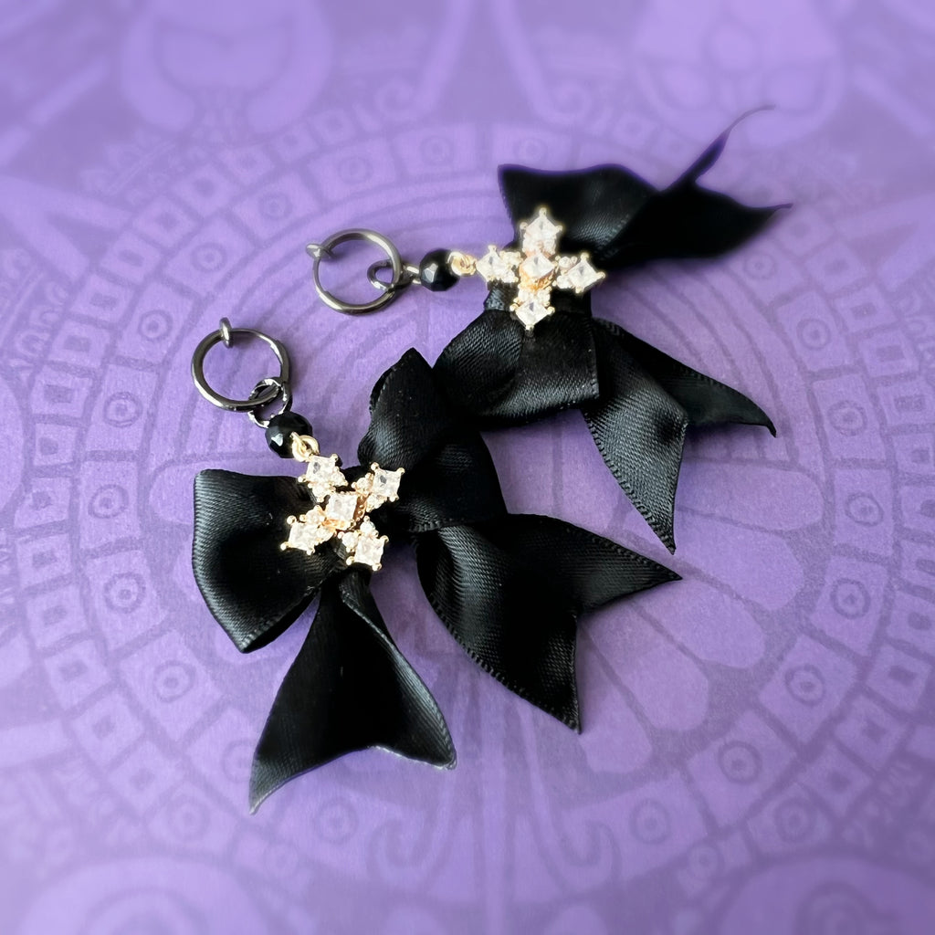 Clips créoles sans perçage Halloween – nœud noir gothique & strass