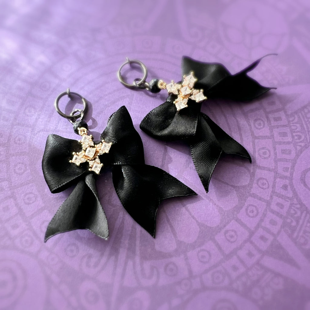 Clips créoles sans perçage Halloween – nœud noir gothique & strass