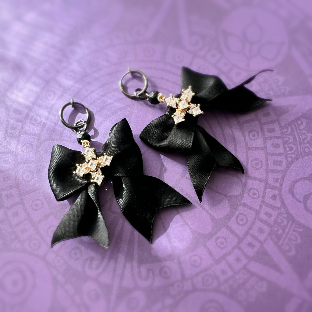 Clips créoles sans perçage Halloween – nœud noir gothique & strass