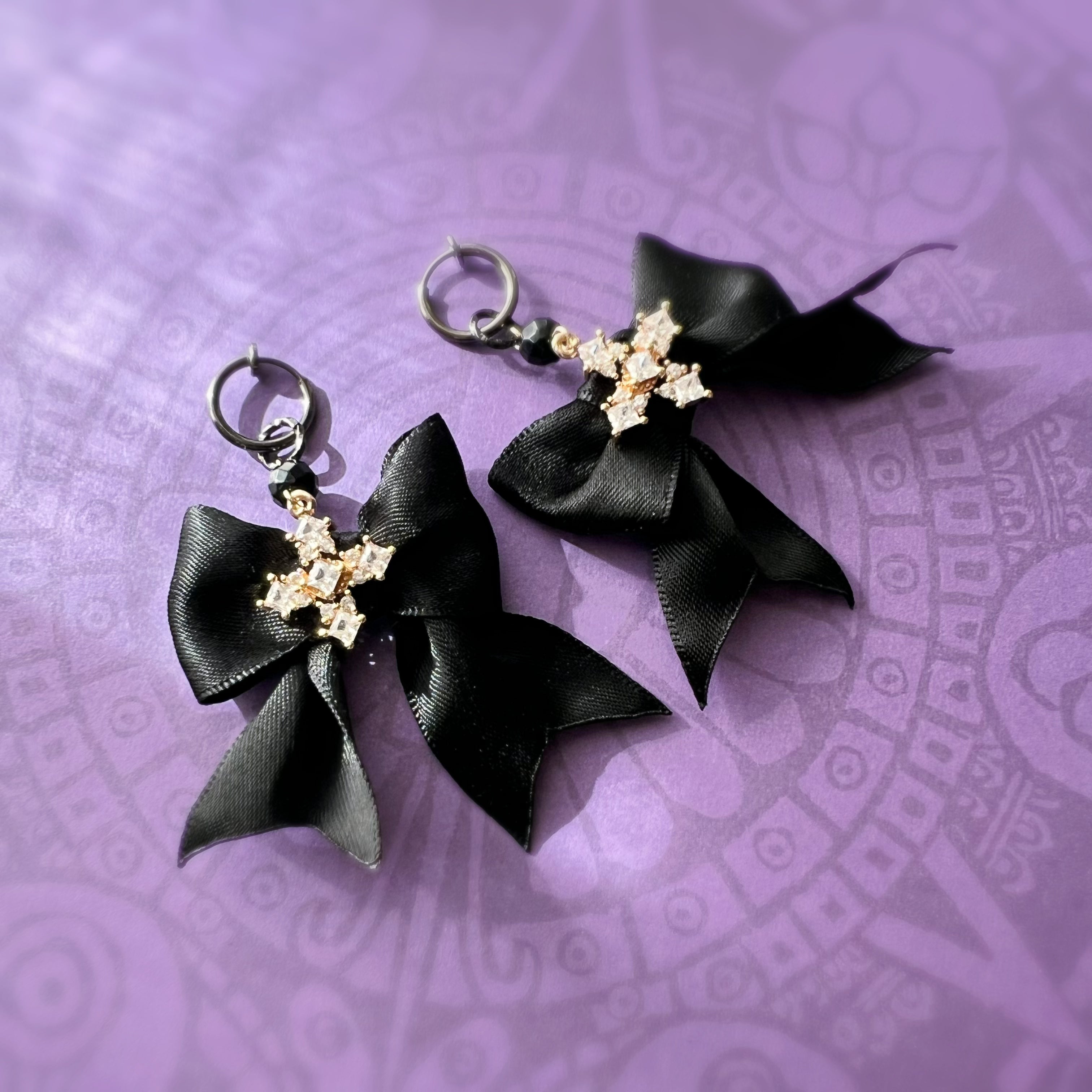 Clips créoles sans perçage Halloween – nœud noir gothique & strass