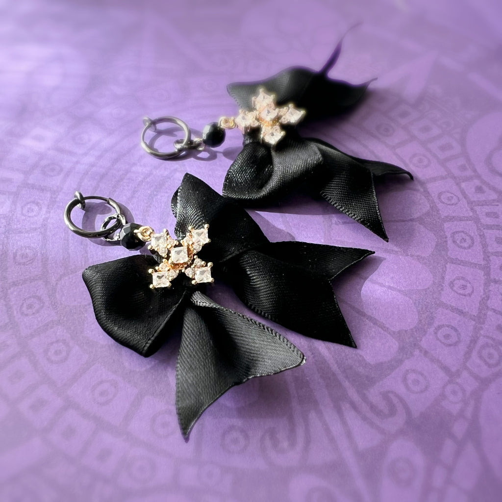Clips créoles sans perçage Halloween – nœud noir gothique & strass