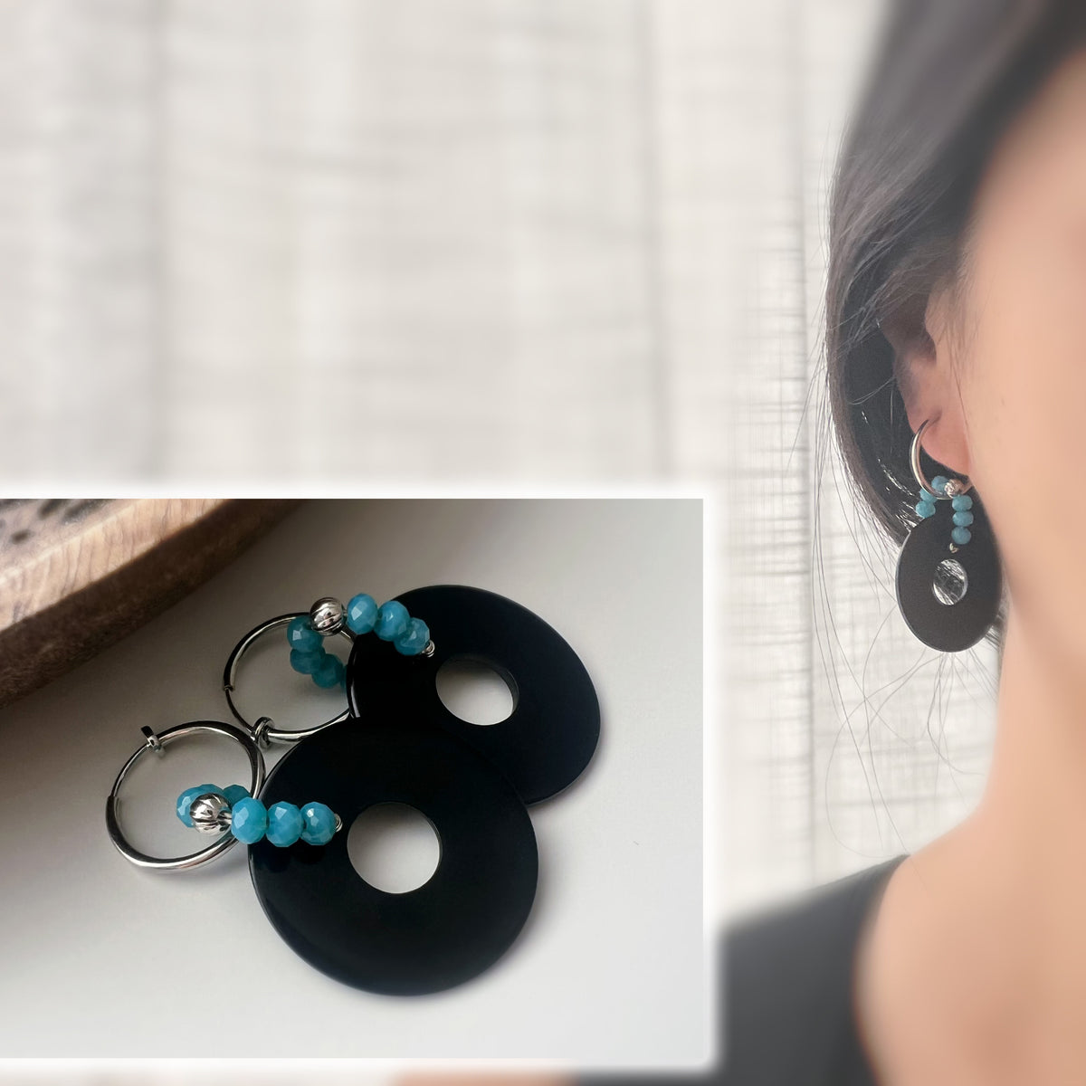 Créoles Modernes – Cercle Noir & Perles Turquoise