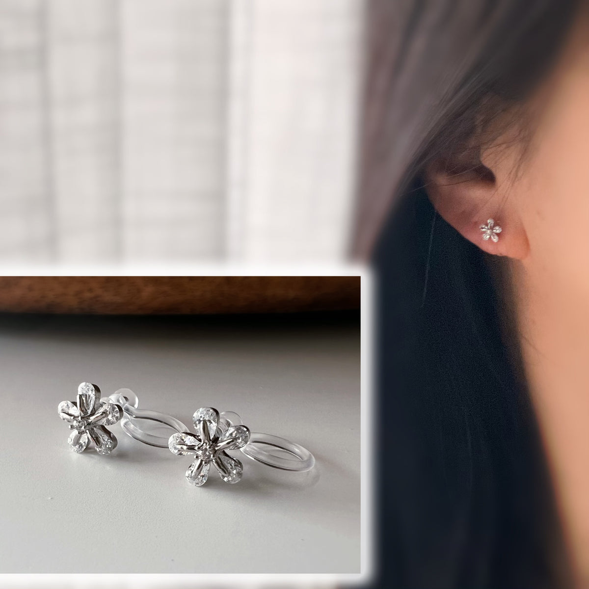 Clips d’oreilles sans perçage fleur argentée