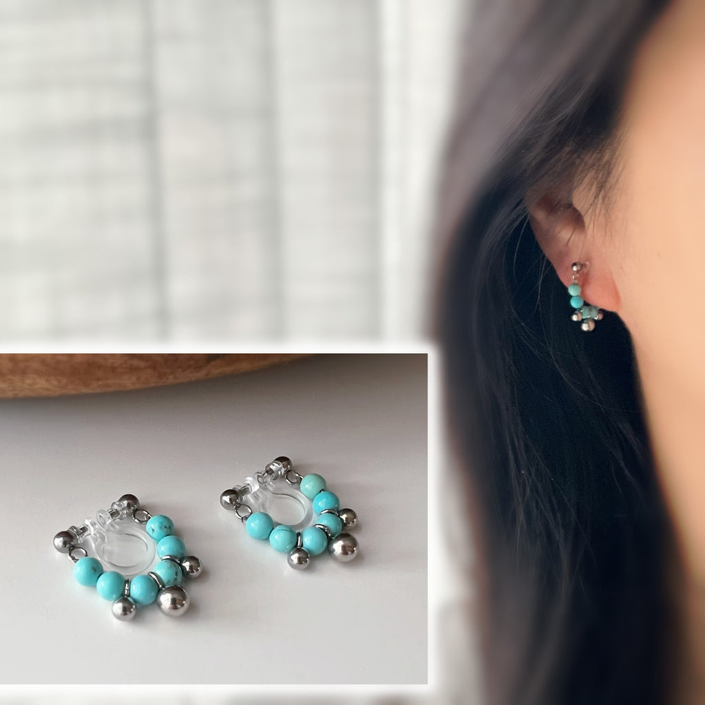 Clips d’oreilles sans perçage turquoise couleur argent