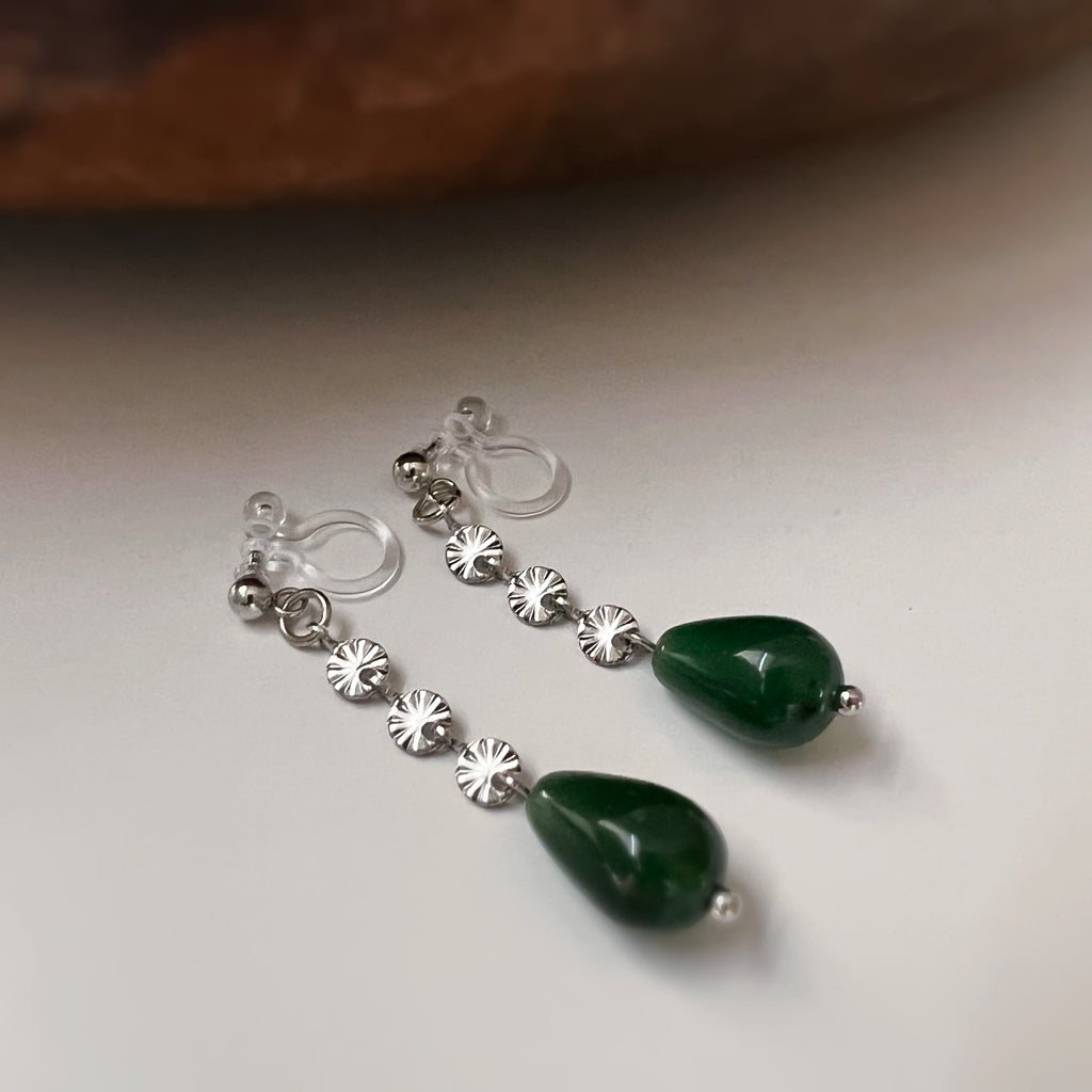 Clips d’oreilles goutte verte Chaîne couleur argent