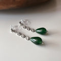 Clips d’oreilles goutte verte Chaîne couleur argent