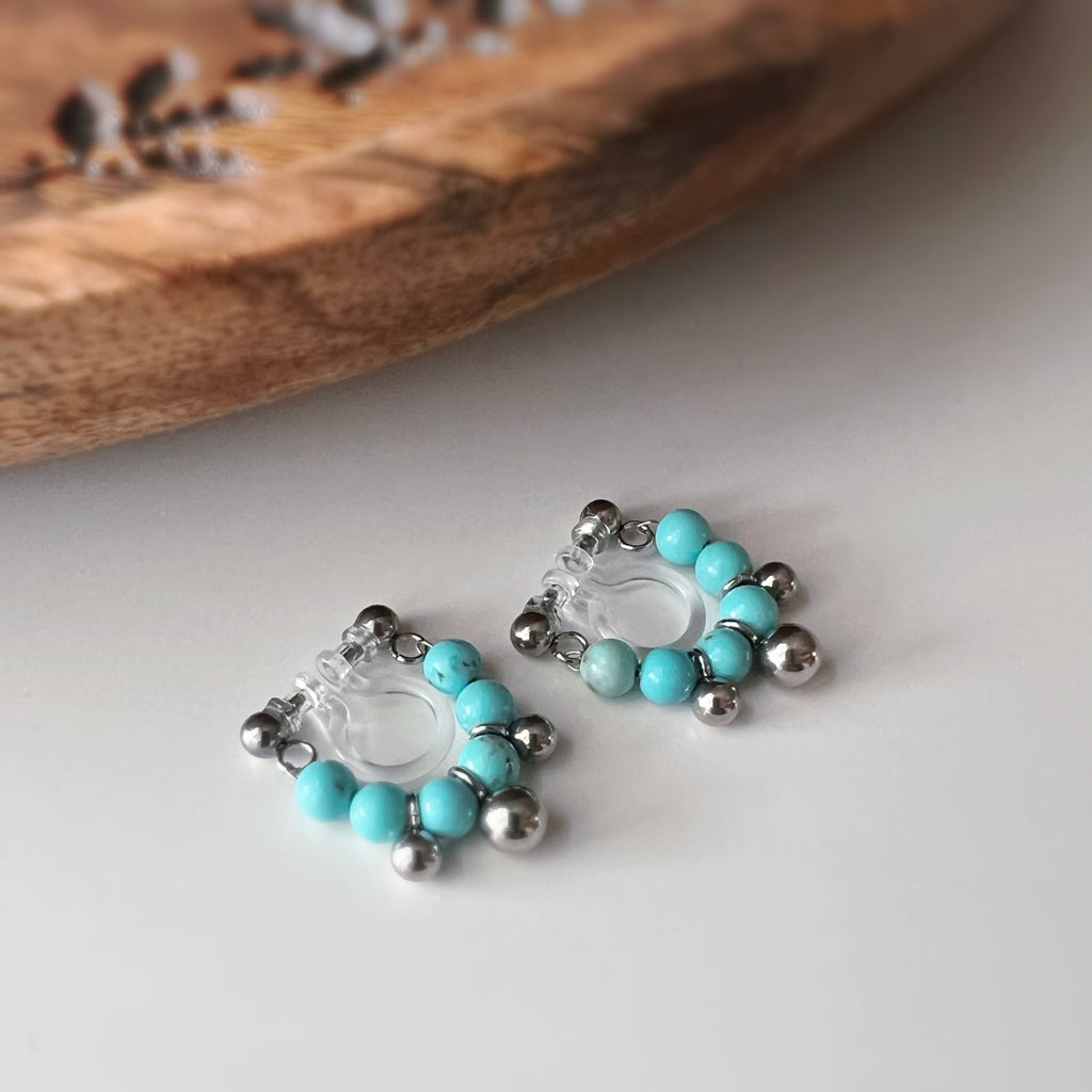 Clips d’oreilles sans perçage turquoise couleur argent