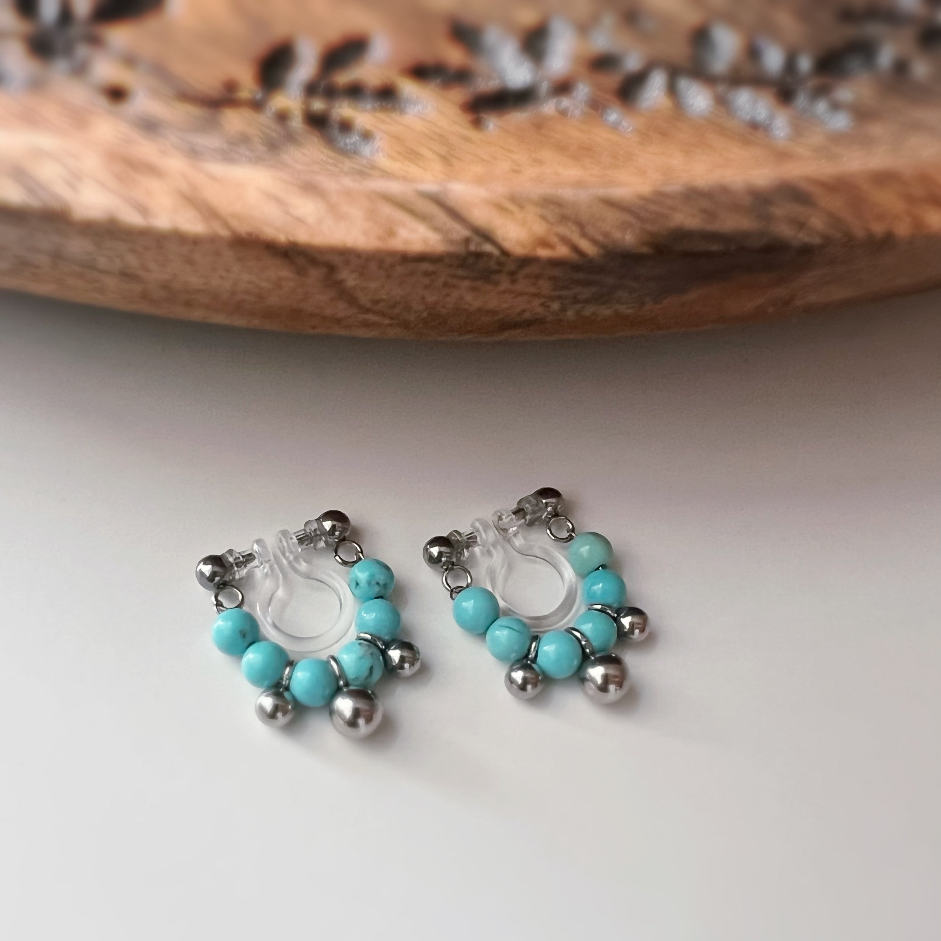 Clips d’oreilles sans perçage turquoise couleur argent
