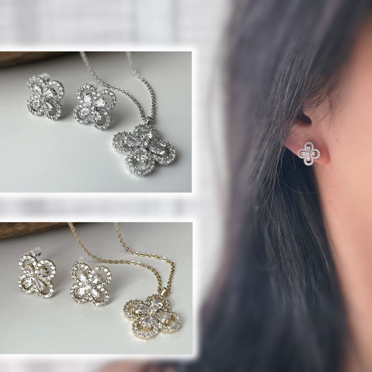 Clip d’oreilles + Collier “Fleur Élégante” – Set scintillant