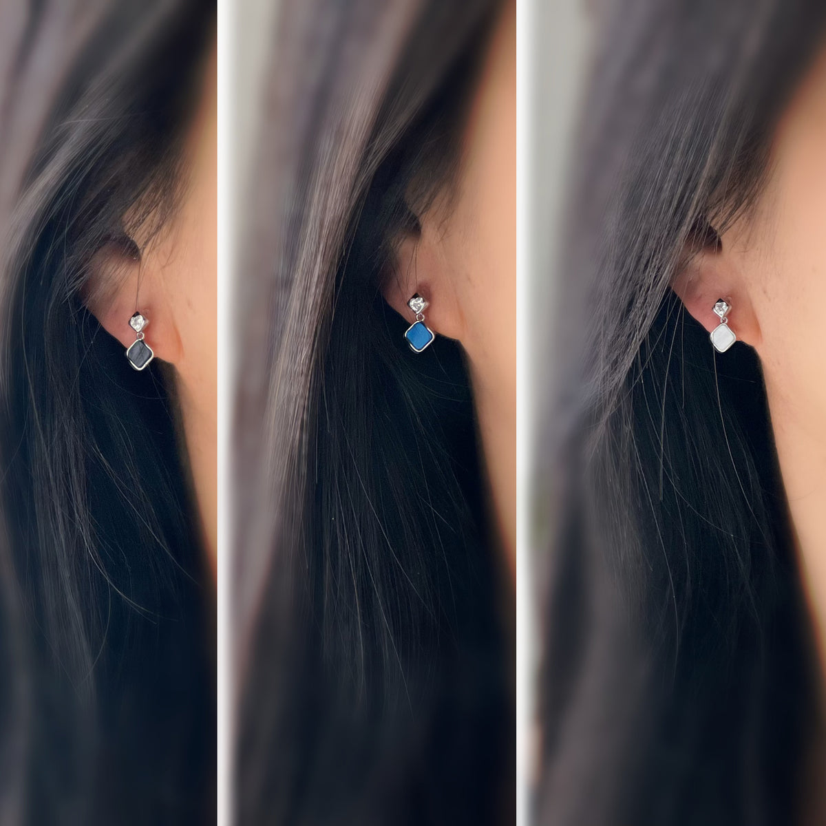 Clips d’oreilles carrés émaillés argent, bleu nacré, noir ou blanc