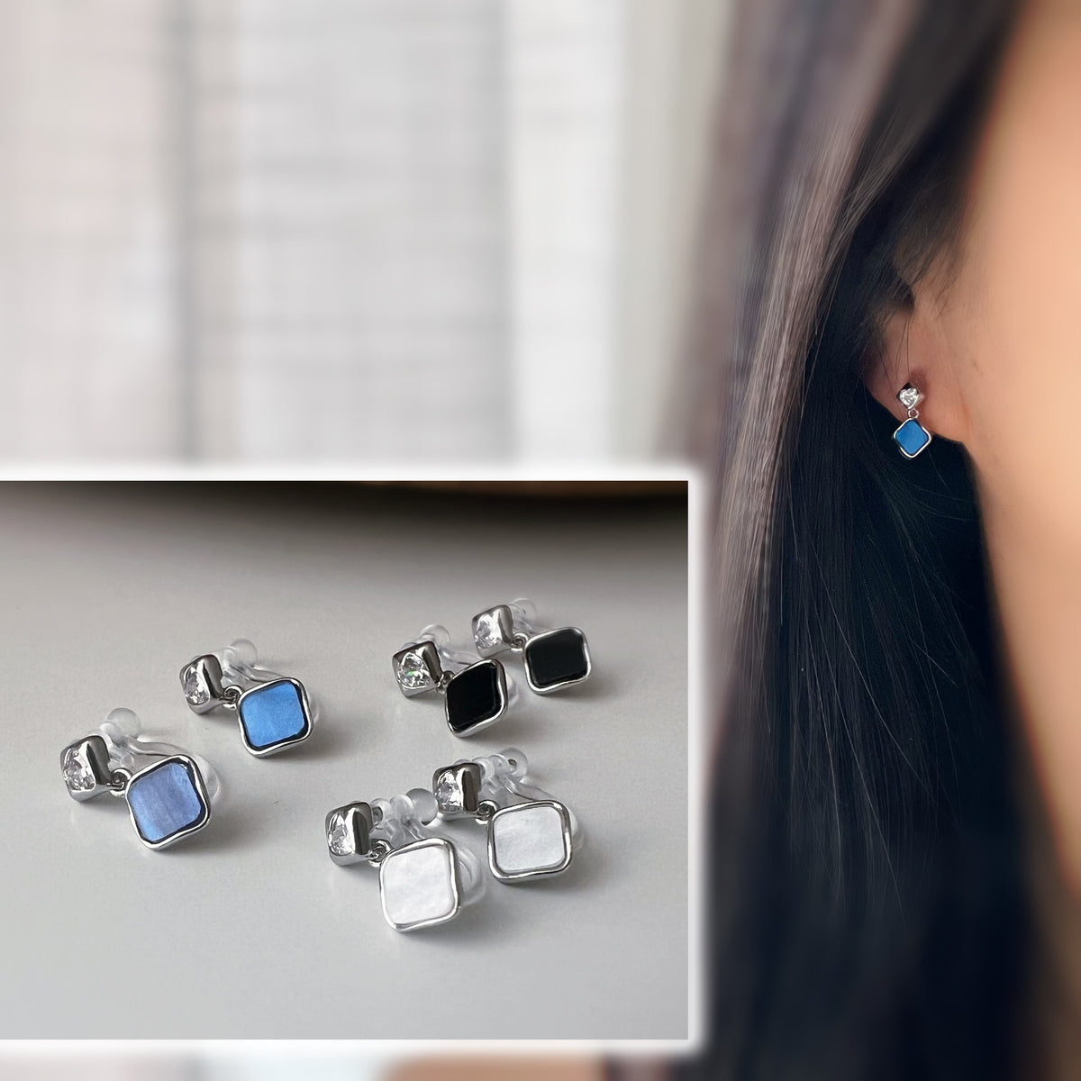 Clips d’oreilles carrés émaillés argent, bleu nacré, noir ou blanc
