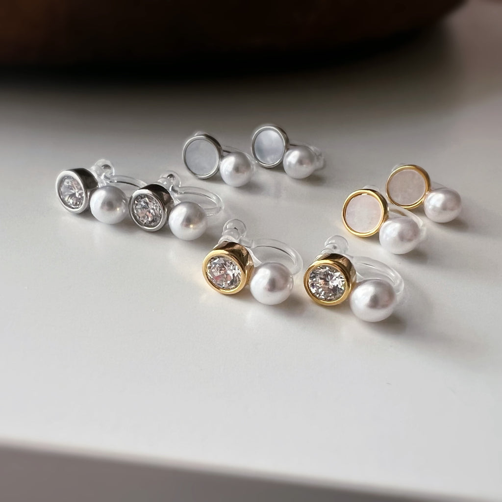 Mini Clips d’oreilles perle strass nacre blanche