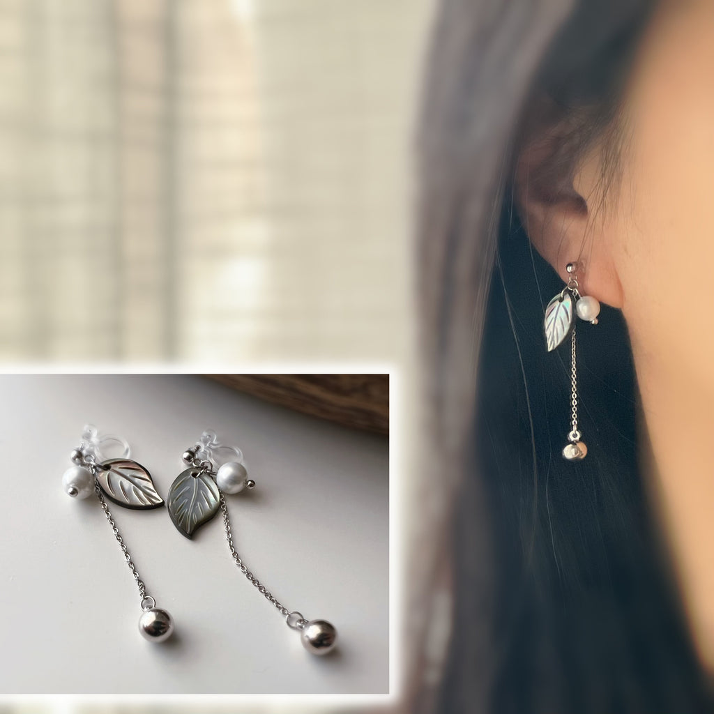 Clips d’oreilles feuille coquillage nacré