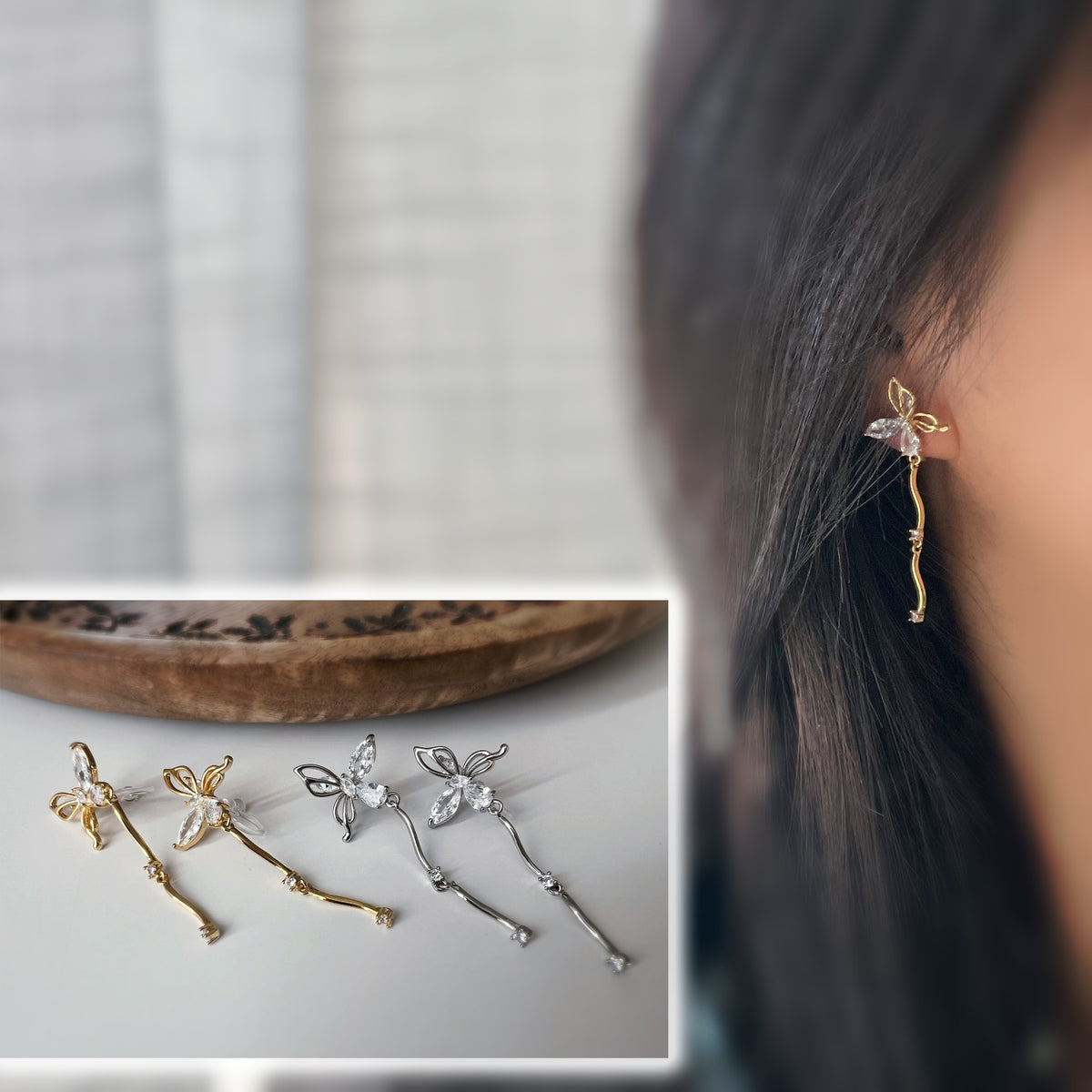 Clips d’oreilles papillon pendantes avec chaîne