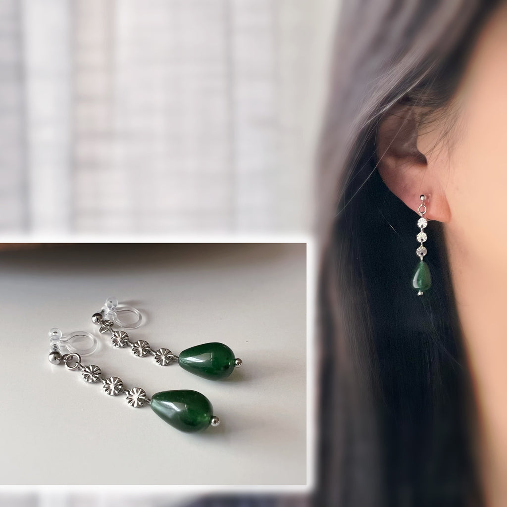 Clips d’oreilles goutte verte Chaîne couleur argent