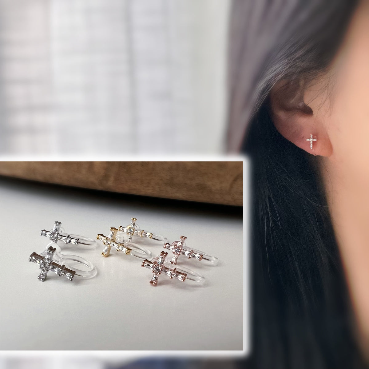 Clips d’oreilles sans perçage croix fine strass