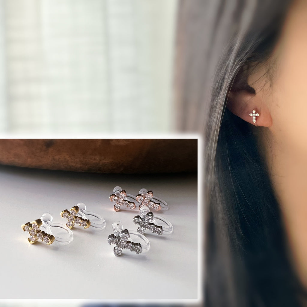 Clips d’oreilles croix strass, couleur or argent ou or rose