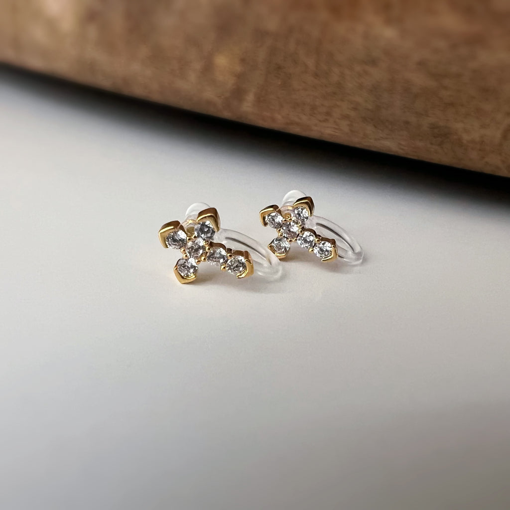 Clips d’oreilles croix strass, couleur or argent ou or rose