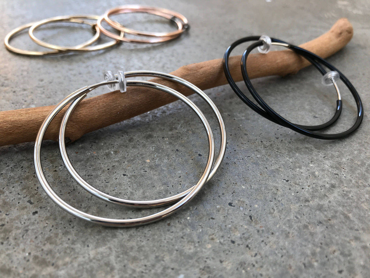 Hoops 50mm Invisible Clip On Earrings, Clip On Hoop Earrings, Non Pierced Earrings Clip On Earrings Modern. Non Pierced Pierced looked.