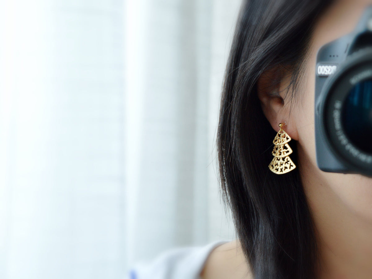 Fan Clip On Earrings, 3 Fans Gold plated, 3 Triangles. Non Pierced Earrings, Invisible Clip On Earrings, Pierced Look. 