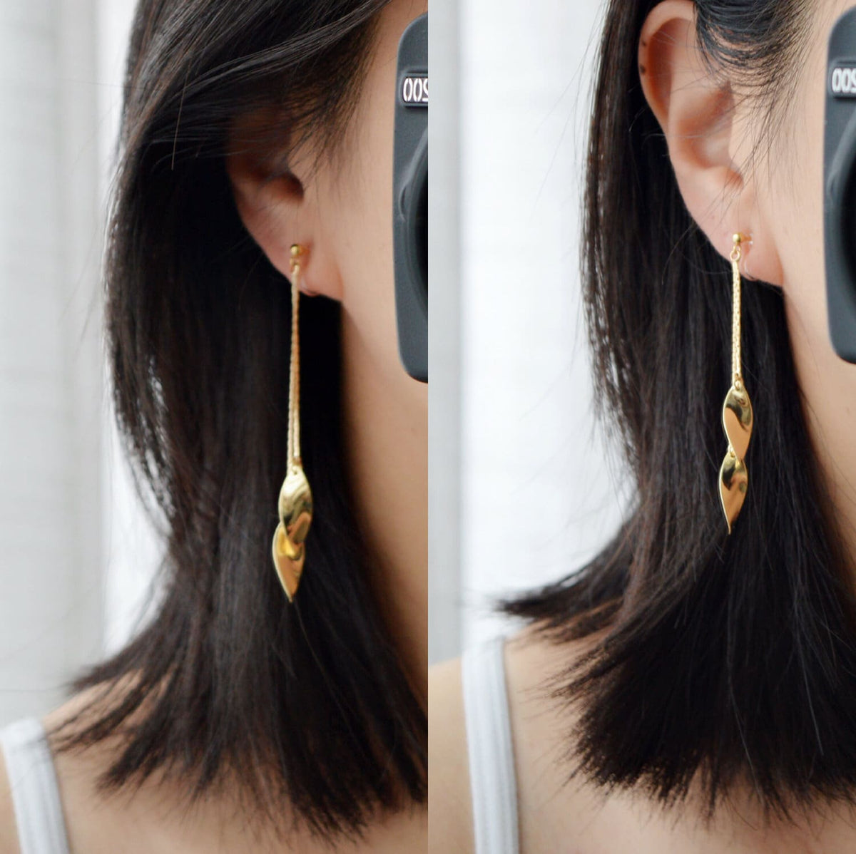 Longues Boucles d'oreilles CLIPS INVISIBLES pendantes tassel feuilles couleur doré, 18k plaqué d'or. Bijoux quotidien Cadeaux pour elle.