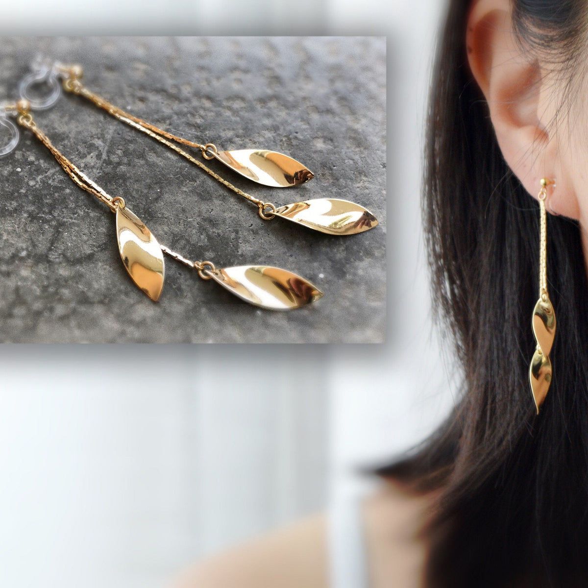 Longues Boucles d'oreilles CLIPS INVISIBLES pendantes tassel feuilles couleur doré, 18k plaqué d'or. Bijoux quotidien Cadeaux pour elle.