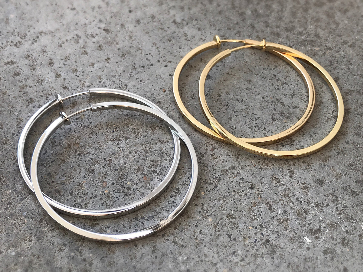 Hoops 50mm Invisible Clip On Earrings, Clip On Hoop Earrings, Non Pierced Earrings Clip On Earrings Modern. Non Pierced Pierced looked.