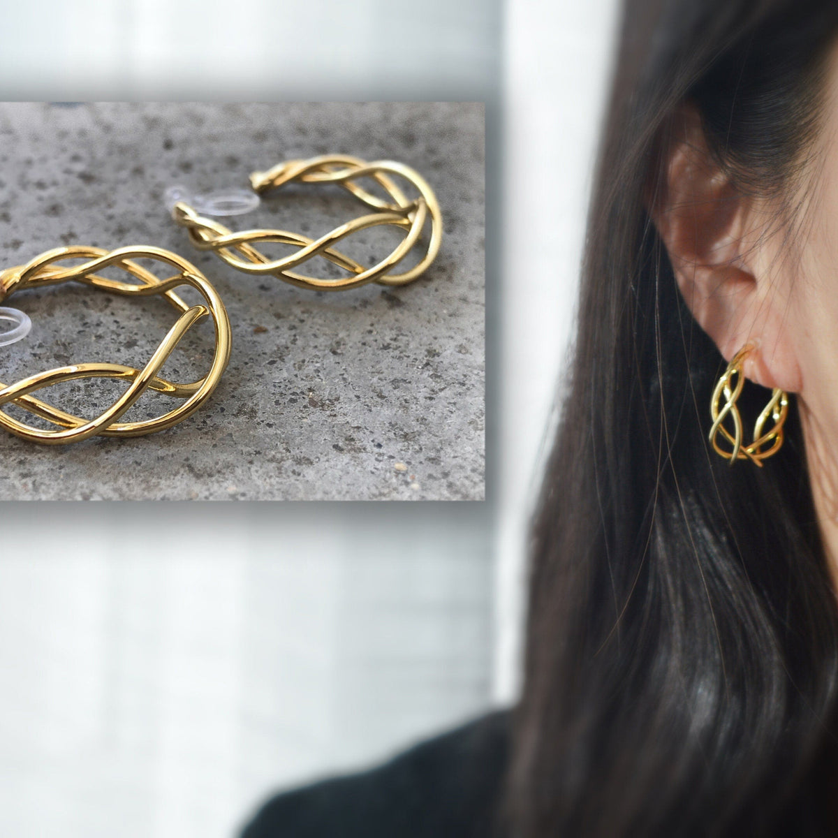 Anneaux Tricoté 30mm Clips Invisibles, Boucles d'oreille créole torsadé CLIPS couleur Or/ Argent oreilles non percées, Anneaux Créoles