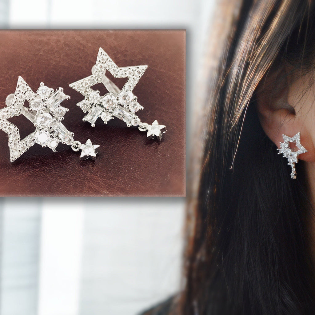 STAR Invisible CLIP On Earrings, Rhinestone Star, Big Star, Mini Star, Christmas Gift Ready to offer Gift for her. Non Pierced Earrings