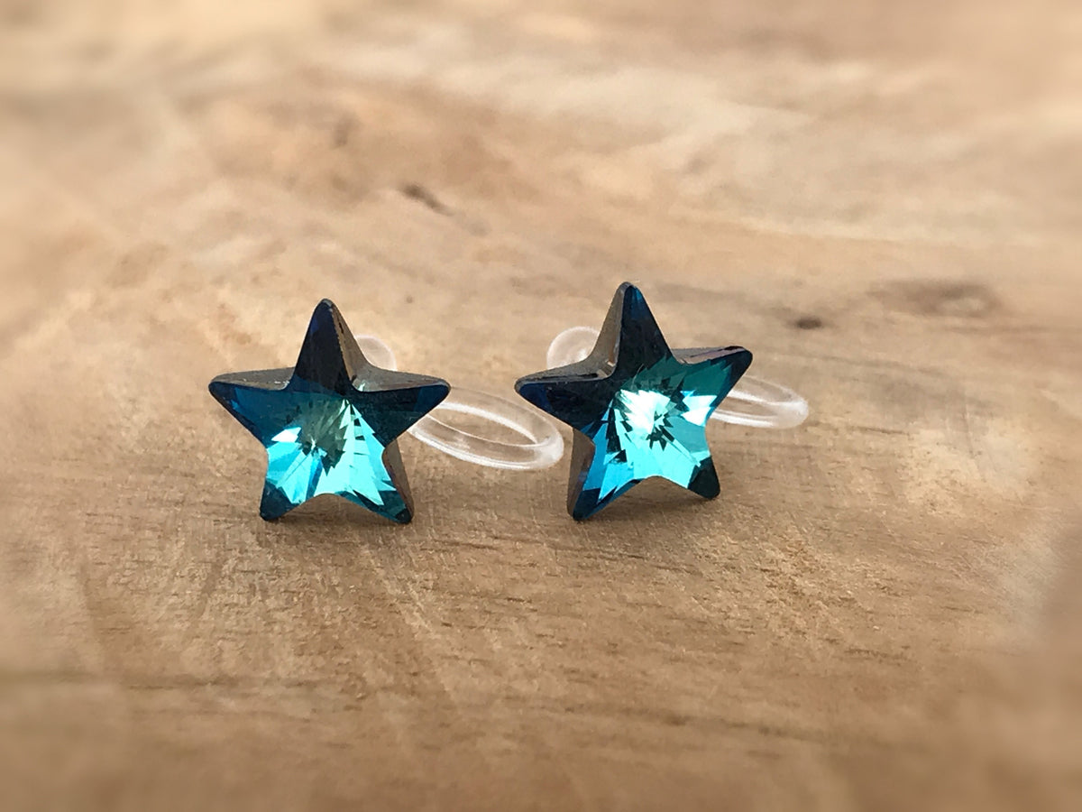 Swarovski Blue Star Crystal Invisible Clip on Earrings Modern Blue Rhinestone Clip on Stud Earrings Simple Non Pierced Earrings