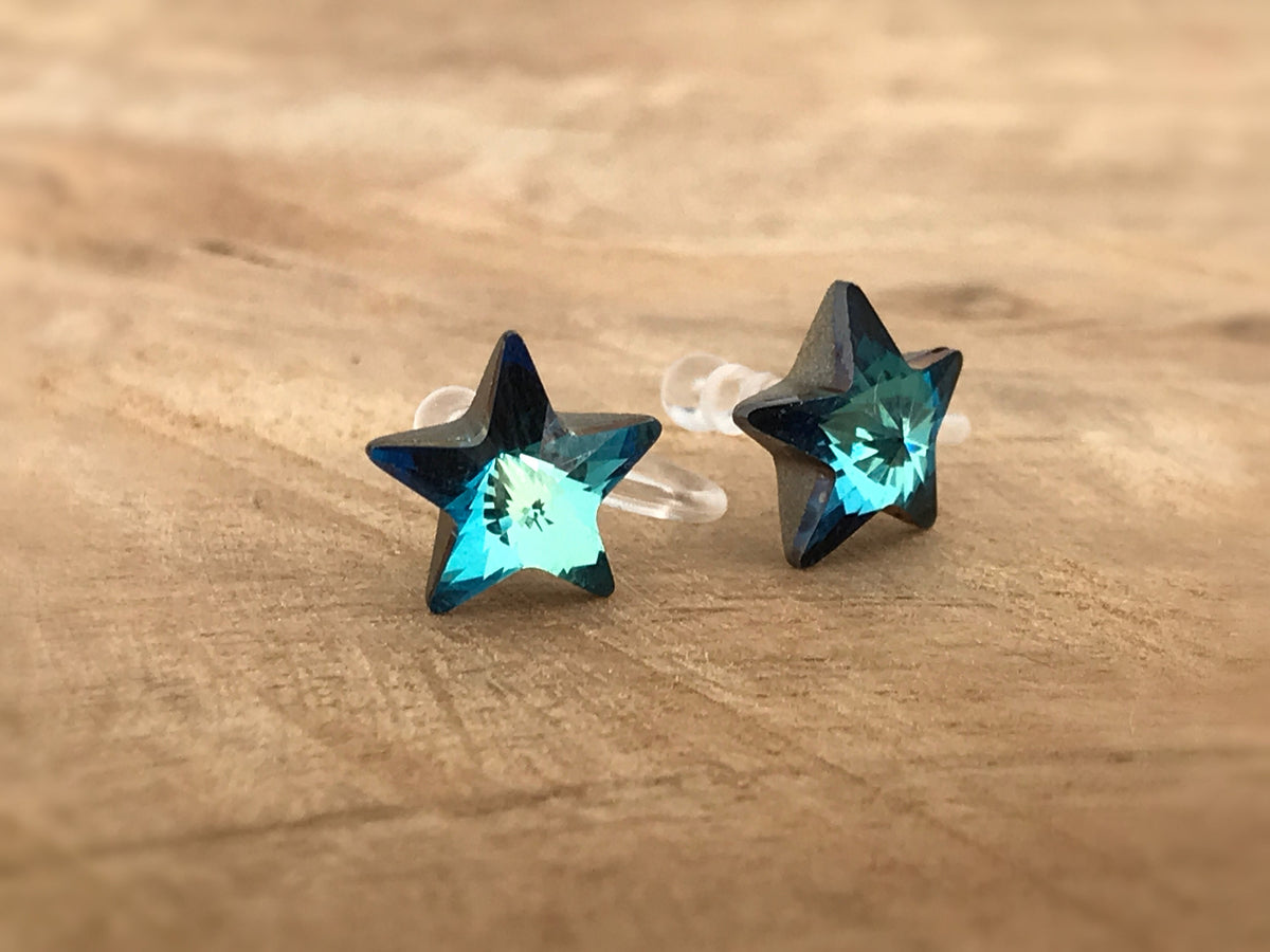 Swarovski Blue Star Crystal Invisible Clip on Earrings Modern Blue Rhinestone Clip on Stud Earrings Simple Non Pierced Earrings