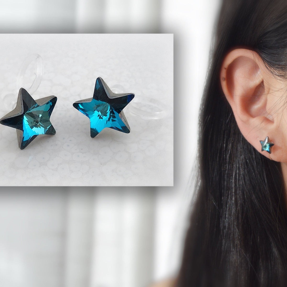 Swarovski Blue Star Crystal Invisible Clip on Earrings Modern Blue Rhinestone Clip on Stud Earrings Simple Non Pierced Earrings