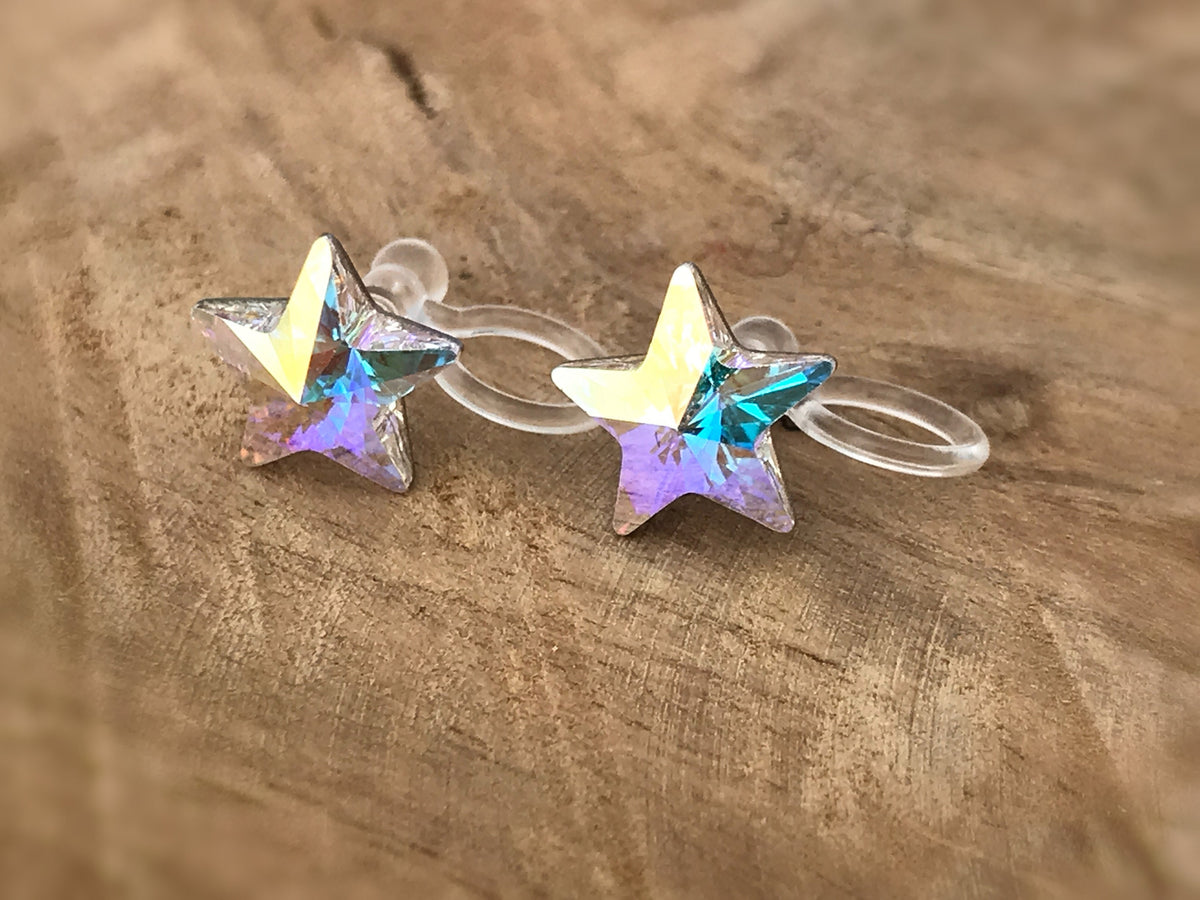 Boucles d'oreilles CLIPS invisible Étoile cristal AB Cristaux PureCrystal, Petite étoile cristal Symphonie de couleurs bijoux quotidien.