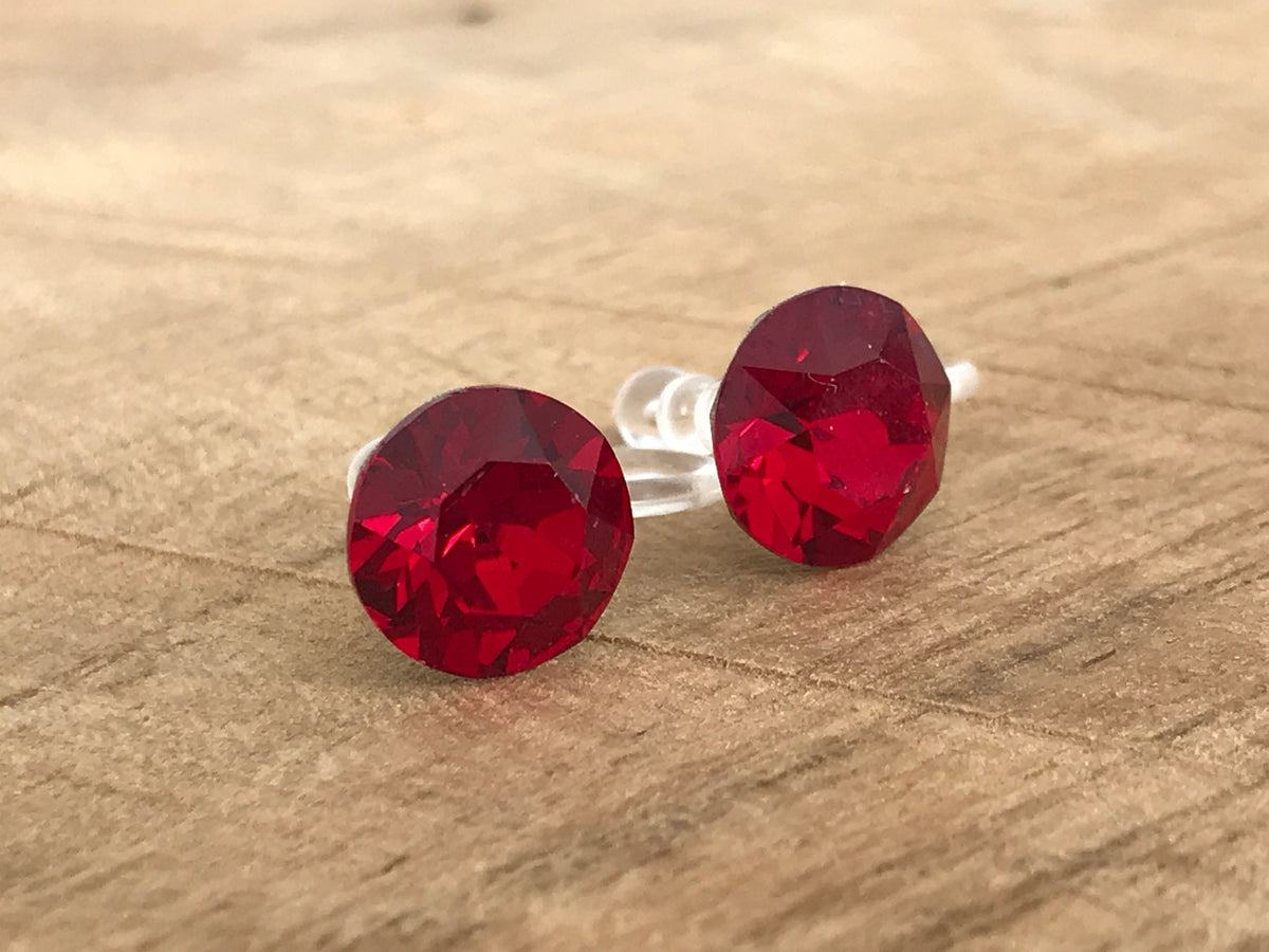 Invisible Round Crystal CLIPS Earrings SIAM PureCristal Crystals, Small Round Red Crystal Ear Clips, Minimalist Jewelry.
